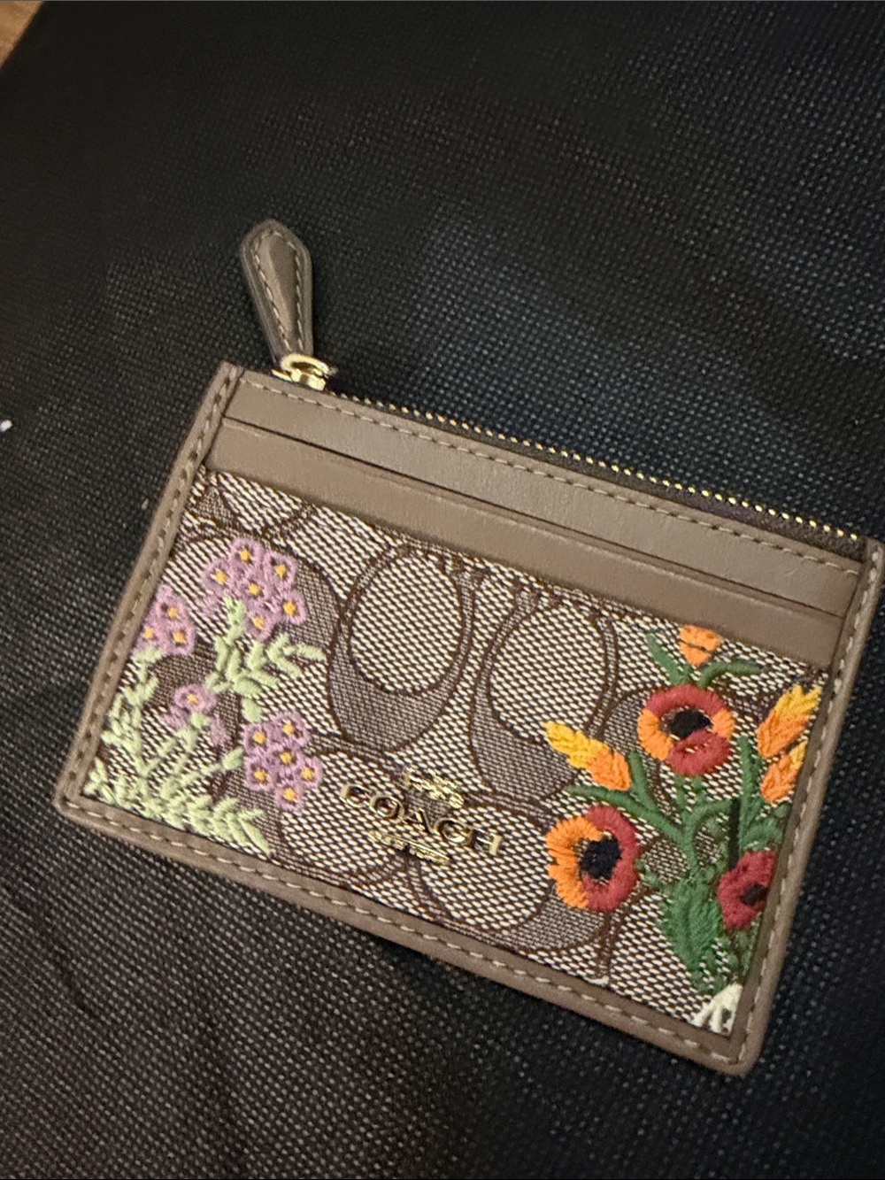 Coach Brown Signature Zip Mini Wallet with Colorful Floral Embroidery